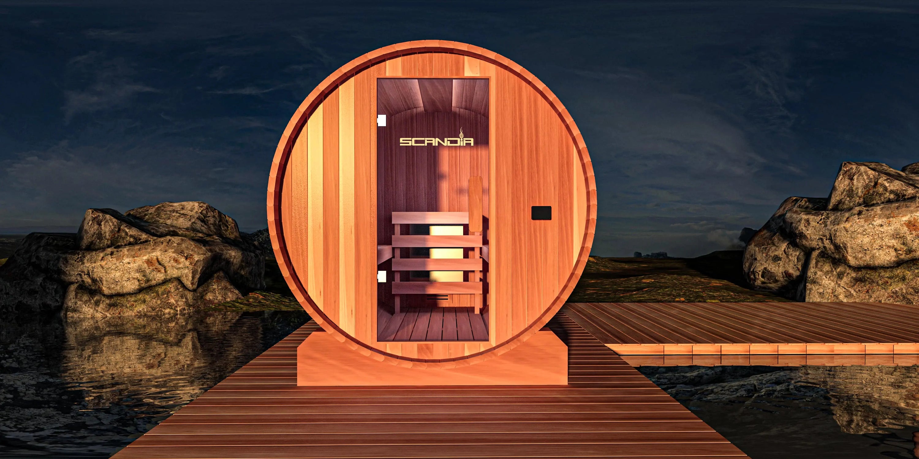 A beautiful barrel sauna with an electric heater situated on a lake