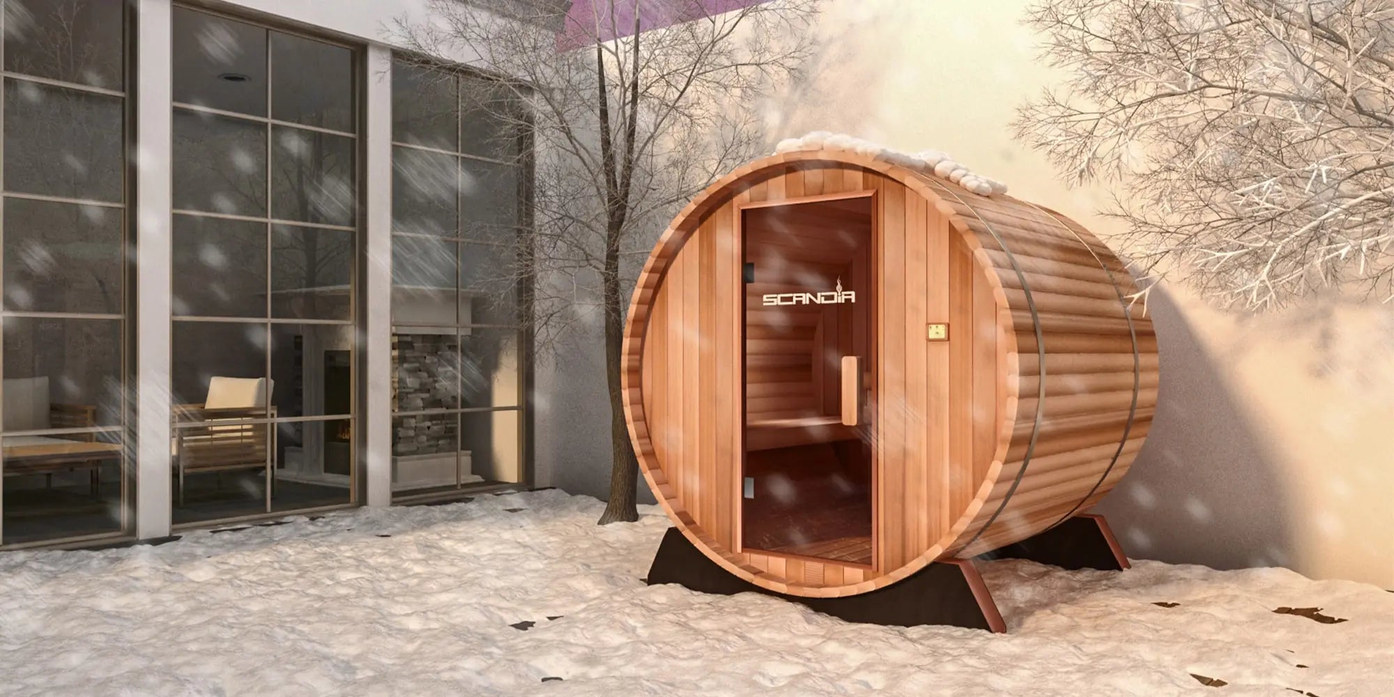 A barrel sauna with snow