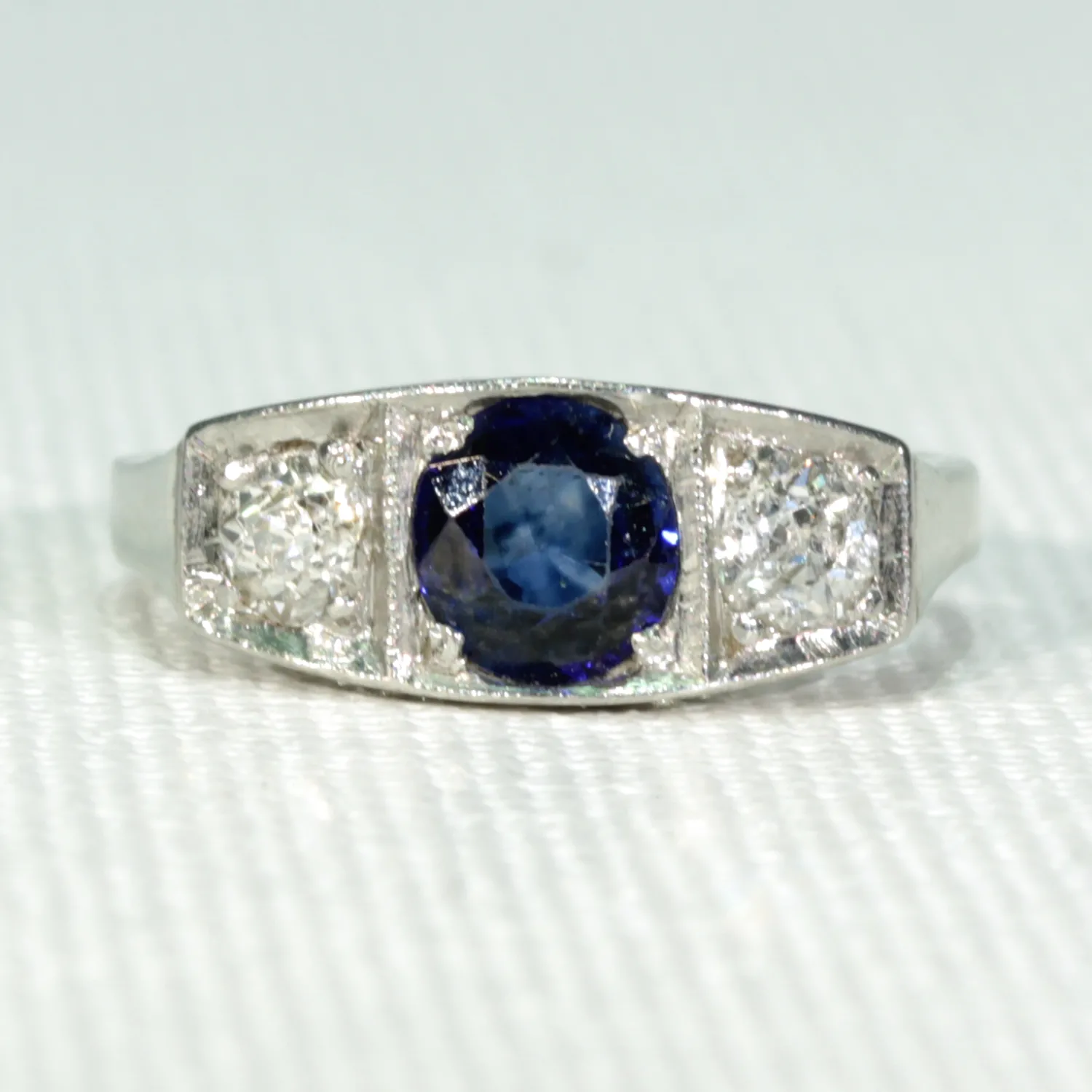 Antique French Art Deco Sapphire Diamond Ring Engagement Ring