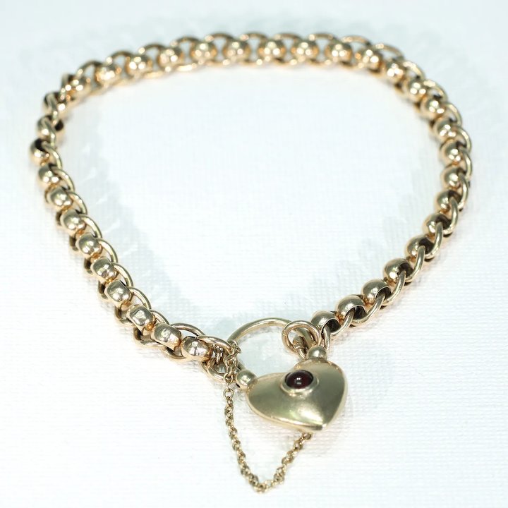 Antique Edwardian Curb Link Bracelet with Heart Lock 9k Gold