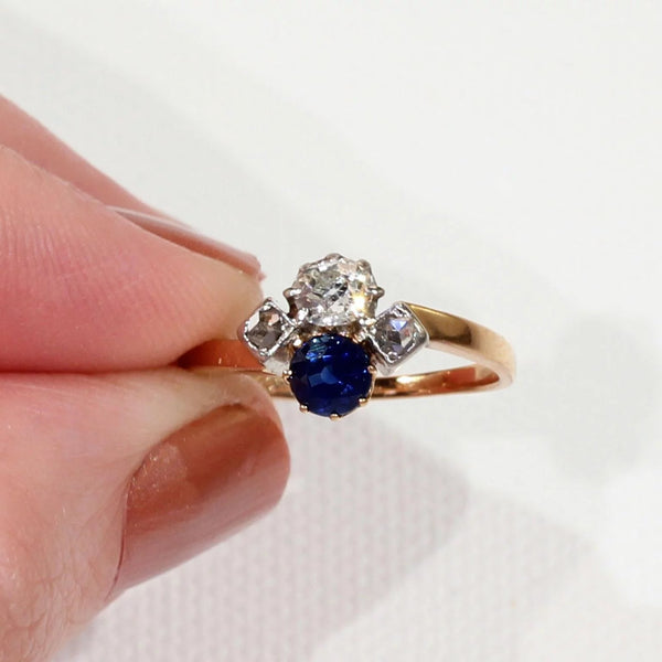 French Belle Époque Sapphire Diamond Gold Ring - Victoria Sterling