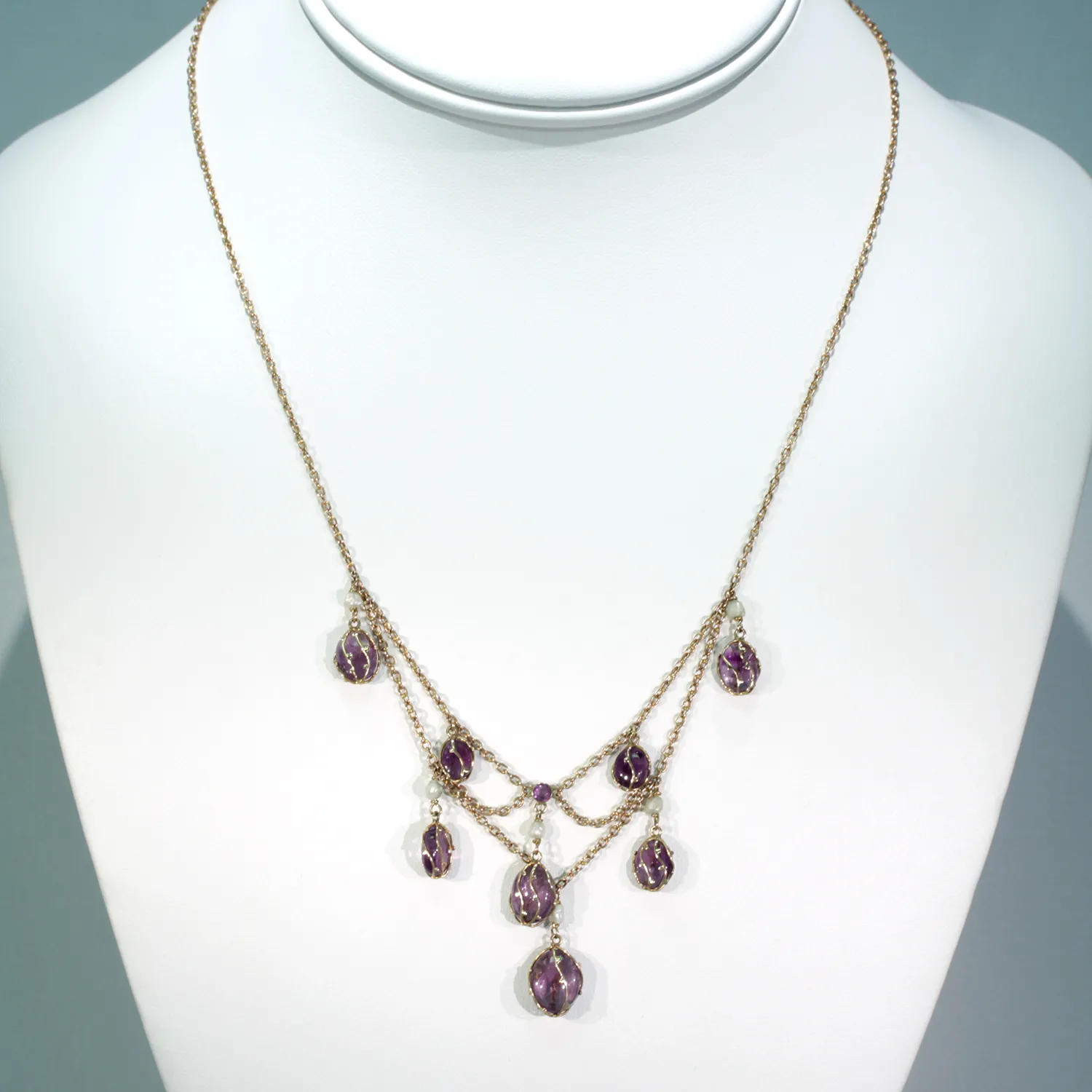Gold Arts and Crafts Amethyst Pearl Drop Necklace