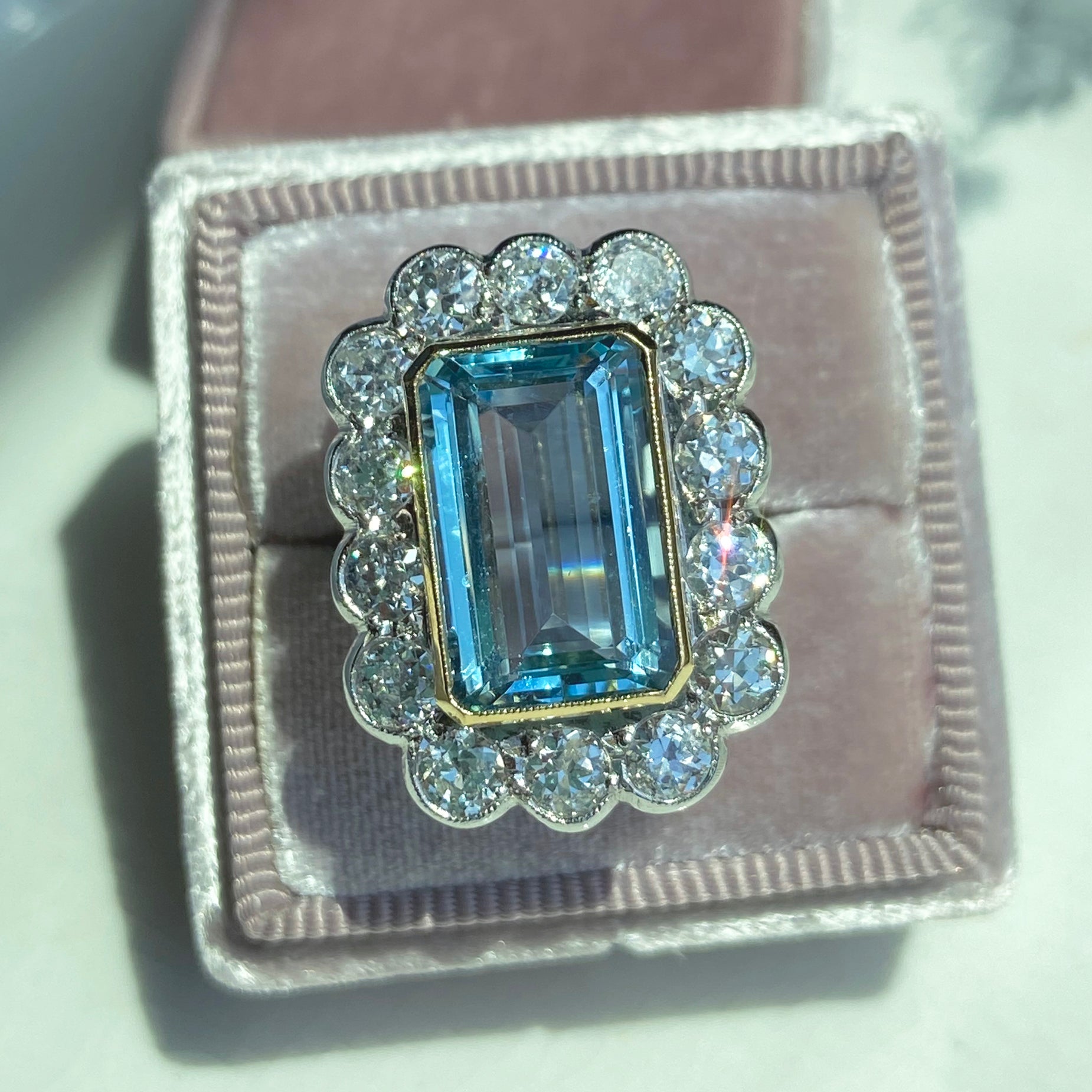 Vintage Fine art Deco Aquamarine Diamond Cluster Ring Hollywood Glamour