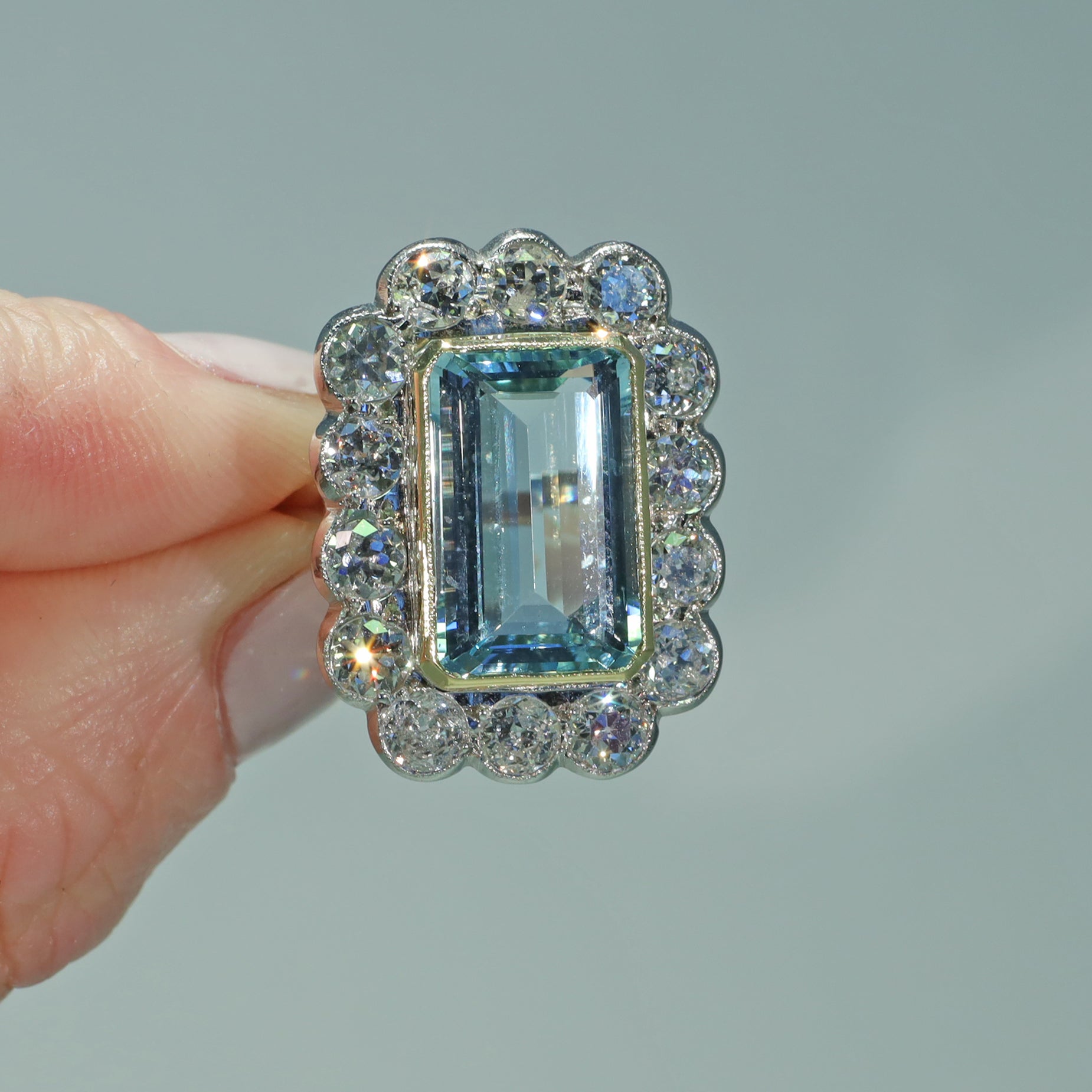 Vintage Fine art Deco Aquamarine Diamond Cluster Ring Hollywood Glamour