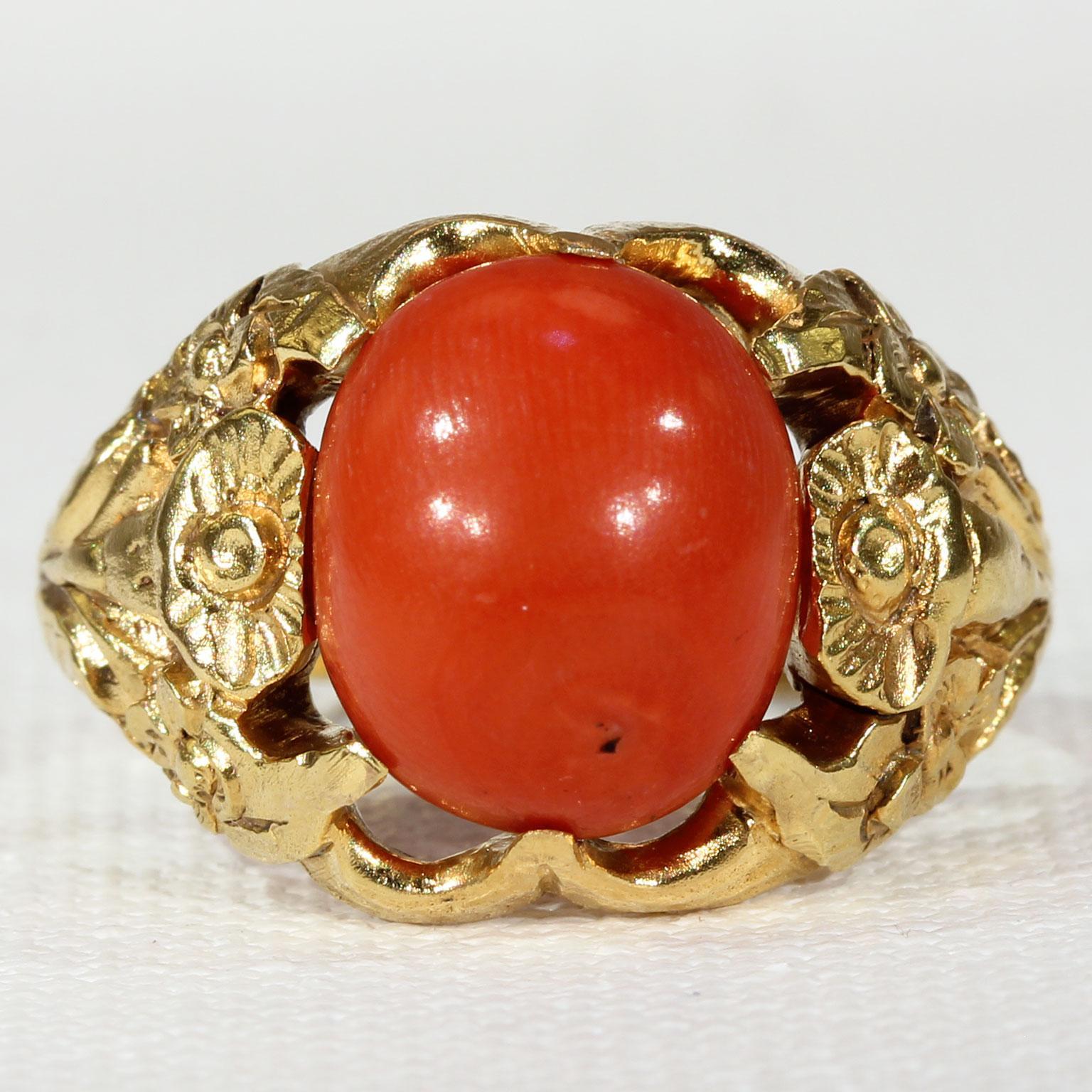 Antique Red Coral Button Ring with Floral Motif - Victoria Sterling