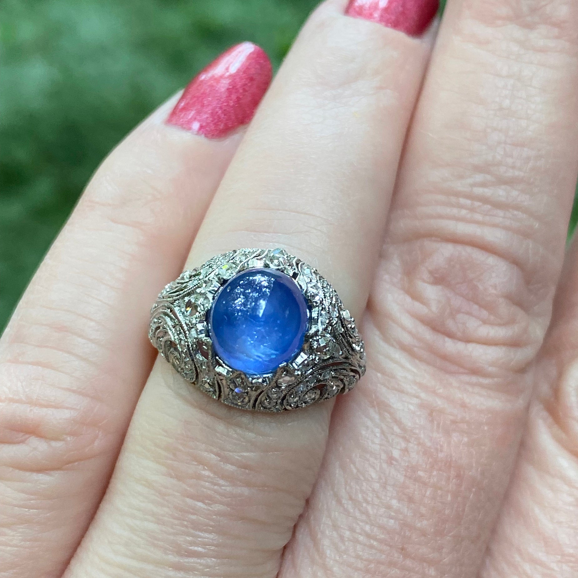 Stunning Natural Ceylon Sapphire Diamond Dome Ring Art Deco