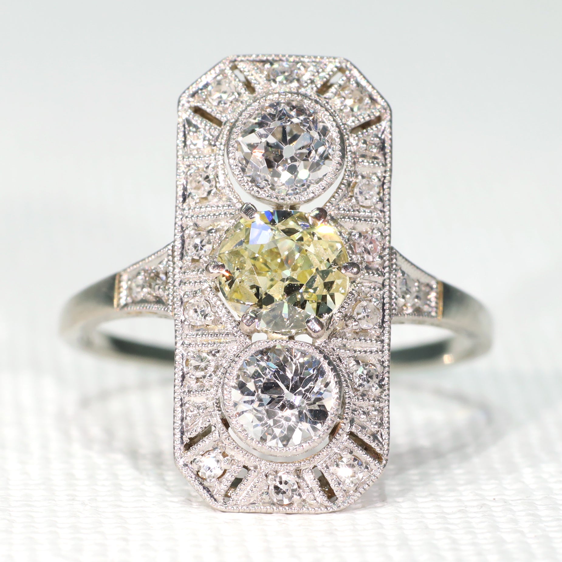 Antique Art Deco Yellow Diamond 3 Stone Band Date Platinum