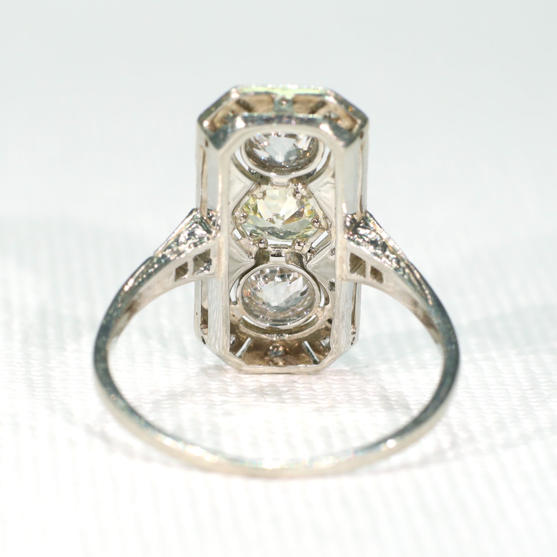 Antique Art Deco Yellowish Diamond three Rock Ring Engagement Platinum