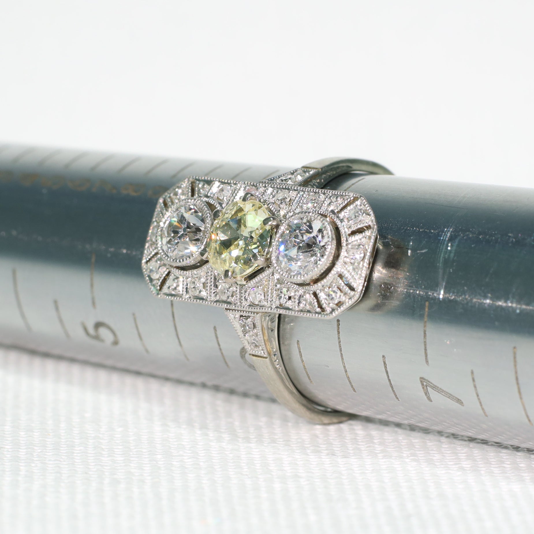 Antique Fine art Deco Yellow Diamond 3 Stone Ring Date Platinum