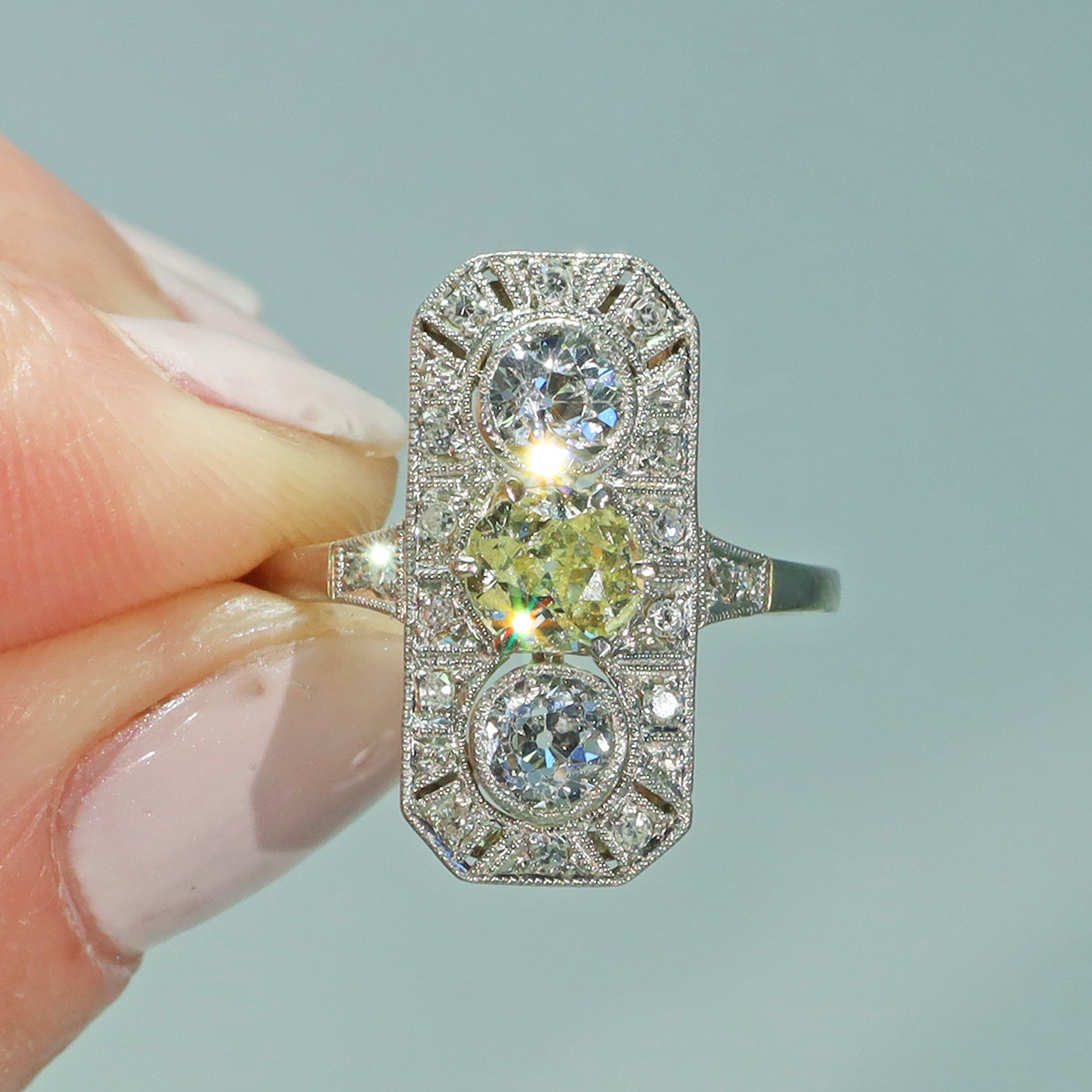 Antiquarian Art Deco Yellow Diamond 3 Stone Ring Engagement Platinum