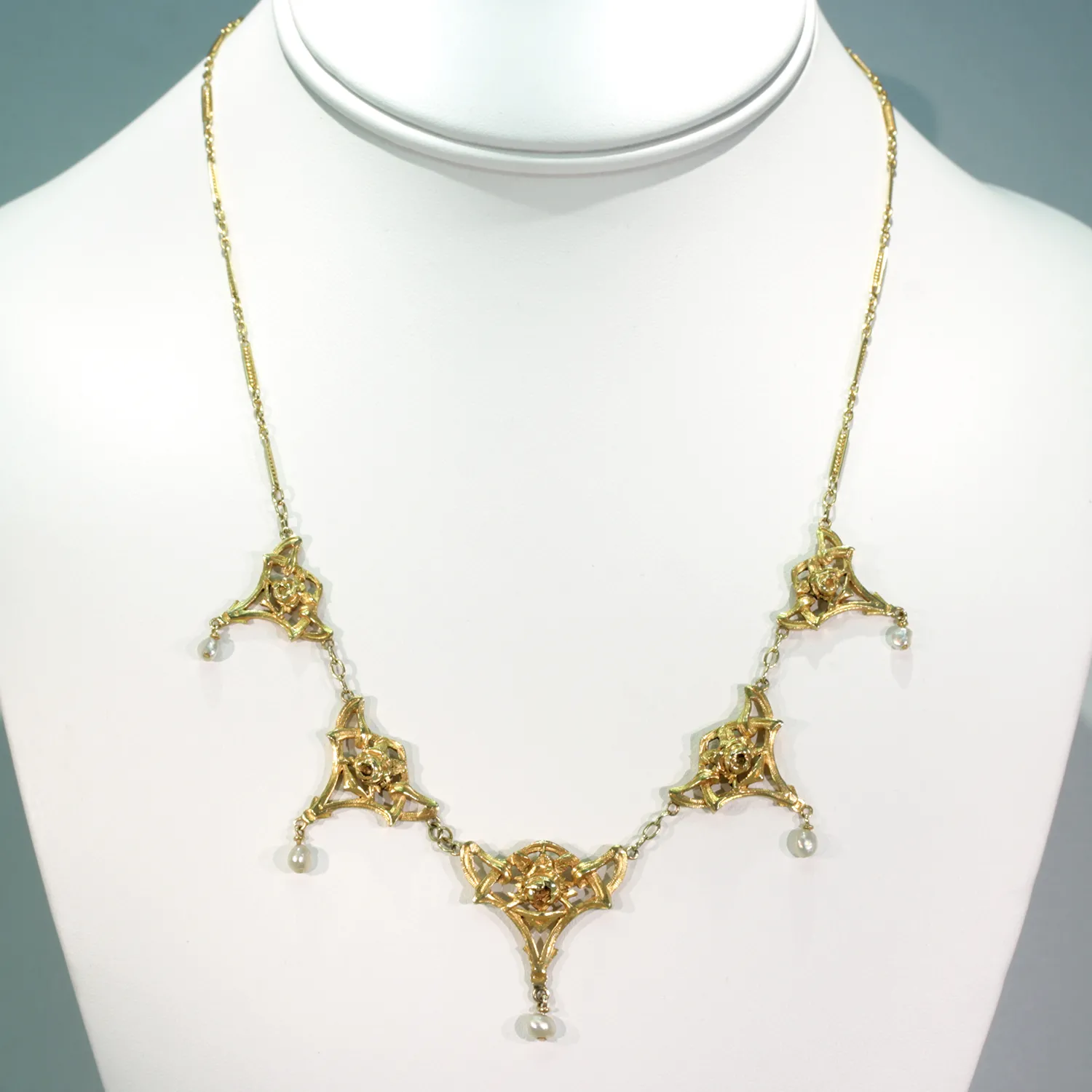 Stunning French Art Nouveau Pearls Roses Necklace 18k Gold Heavy