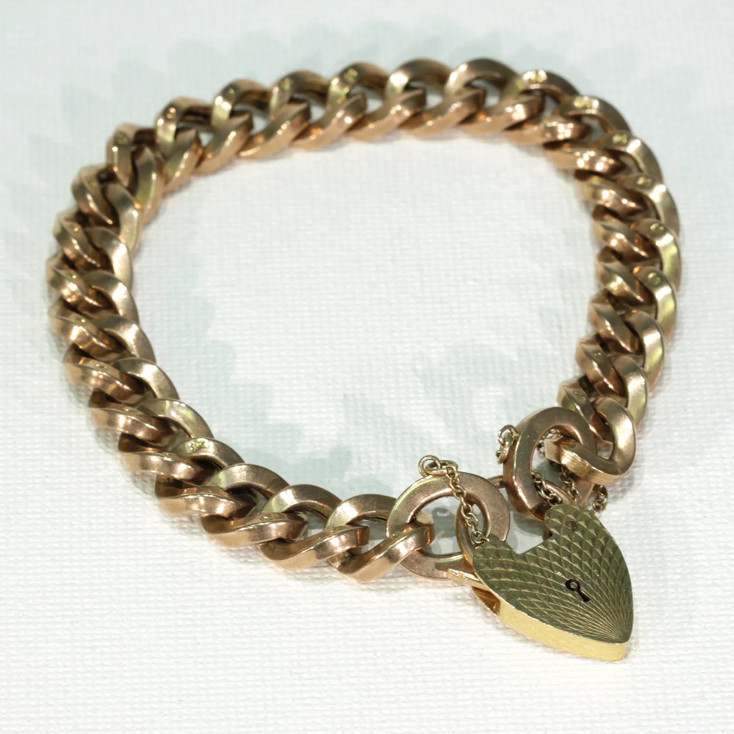 Vintage 9k Gold Curb Link Bracelet Heart Lock Hallmarked 1975