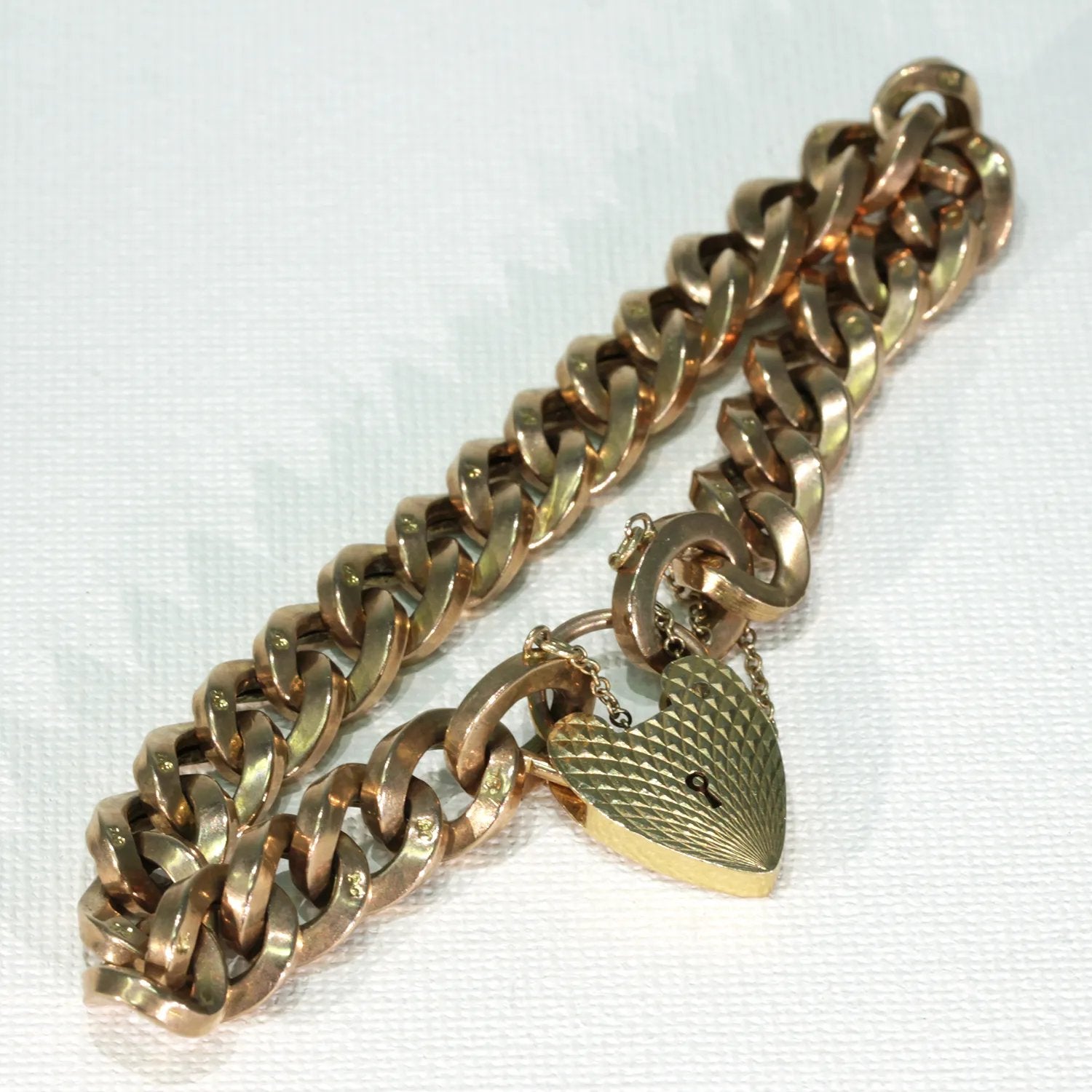 Vintage 9k Gold Curb Link Bracelet Heart Lock Hallmarked 1975