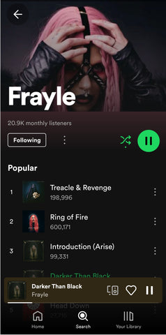 Frayle screenshot of Spotify band promo image wearing KatzLittleFactory spiky head harness.