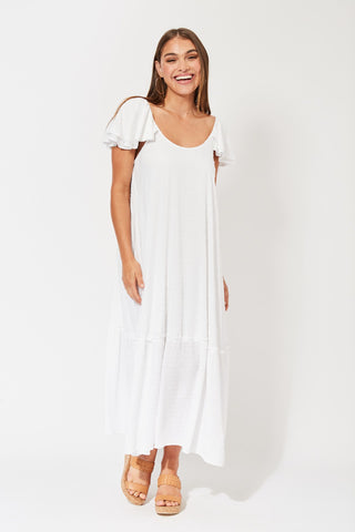 Zanzibar Frill Maxi Dress | White Coastal Bohemian Maxi Dress