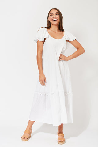 Zanzibar Frill Maxi Dress | White Coastal Bohemian Maxi Dress