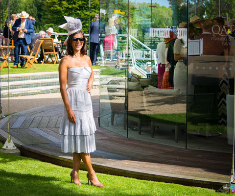 Lucy Verasamy wears Awon Golding Millinery at Goodwood