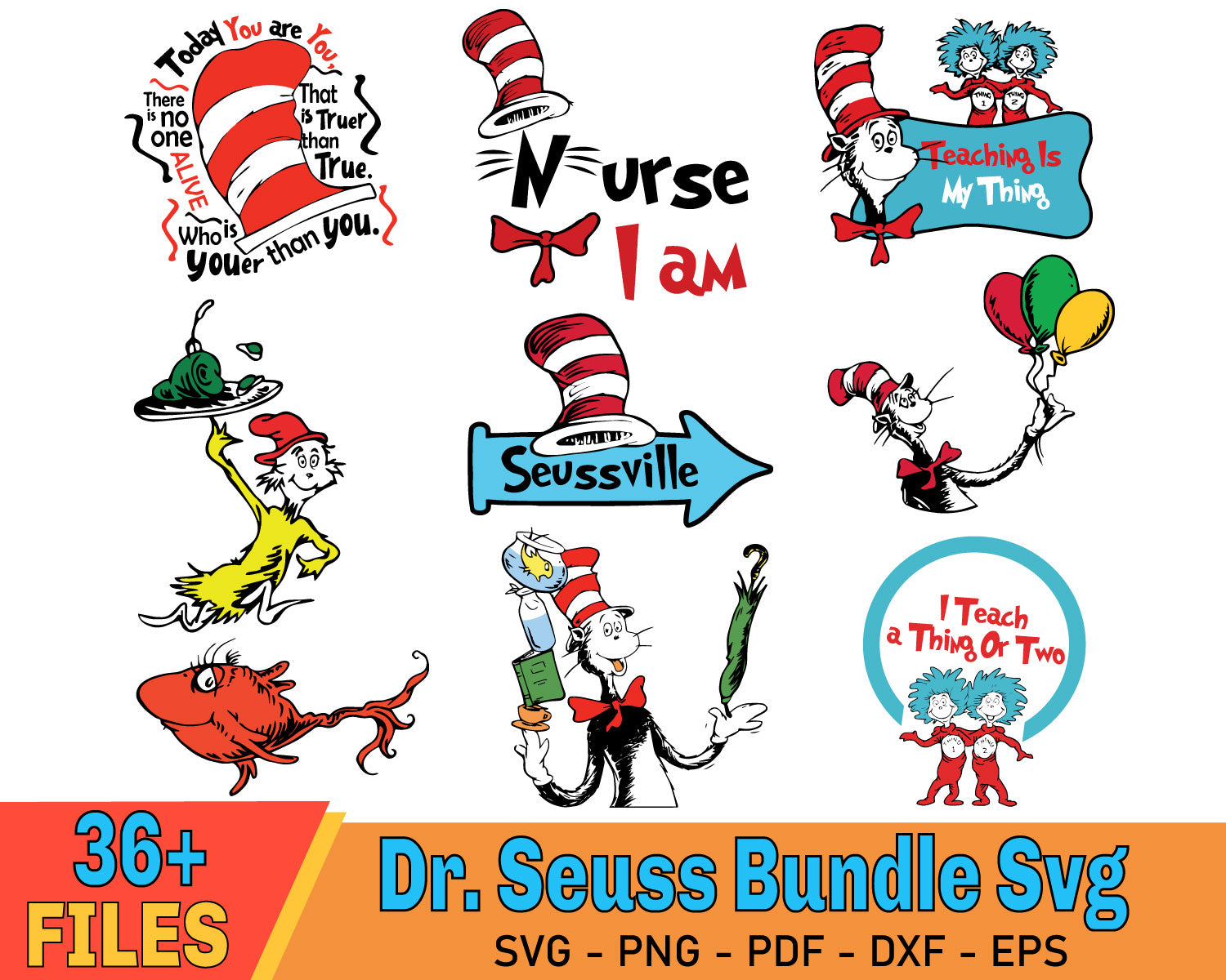 36 Files Dr Seuss Bundle Svg, Dr Seuss Svg, Thing Svg, Cat In Hat Svg 