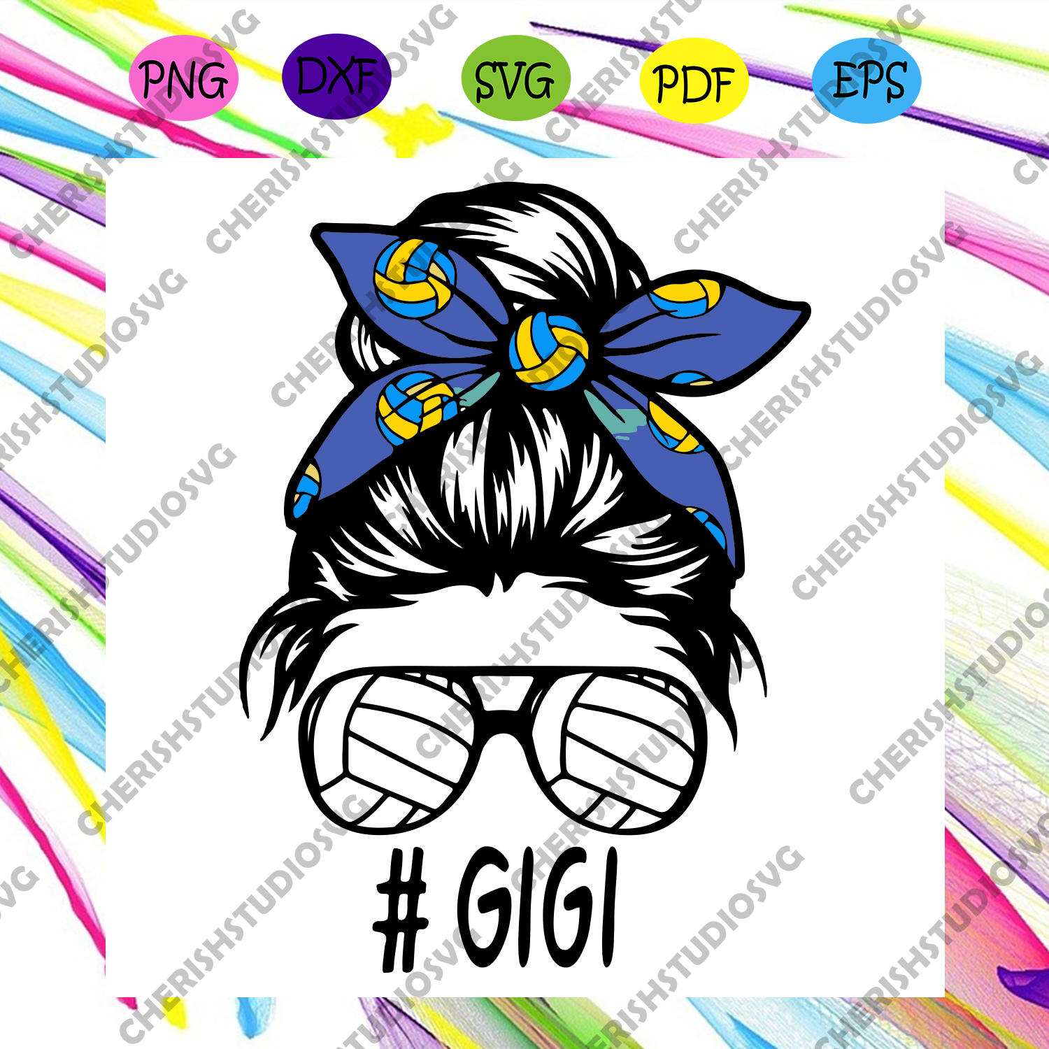 Download Gigi Volleyball Mom Sunglasses Bandana Messy Bun Svg Mothers Day Svg Cherishsvgstudio