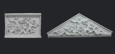 photo of two white plaster cast sculpture reliefs of the god Zeus in the center and the Giants around him on a gray background