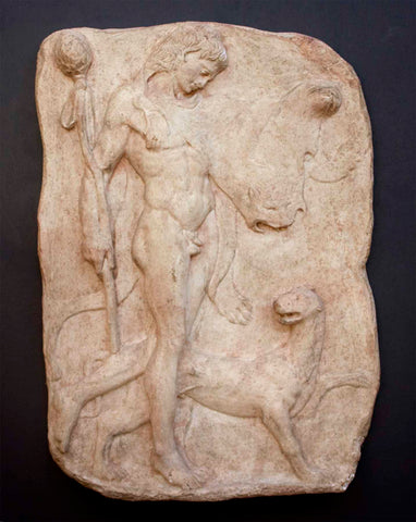 Photo of plaster cast sculpture relief of Satyr with Panther, Bacchic relief