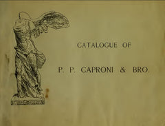 scan of Caproni catalog cover, a gold color with black text and a sketch of the Victory of Samothrace