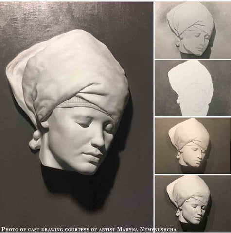 Photo of Cast Drawing of Plaster Cast of Nubian Female Mask - head turned to the left with a cloth over the head and tied at the nape of the neck - on a gray background and repeated in four thumbnails on the right edge of the photo showing different stages in the drawing process