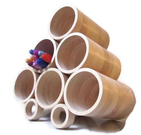 photo of wooden, cylindrical angled Colored Marker Holder with one cup filled with markers