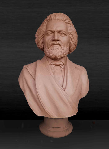 Photo of red-colored clay model of Frederick Douglass bust with beard and in suit coat with toga over one shoulder on a dark gray background