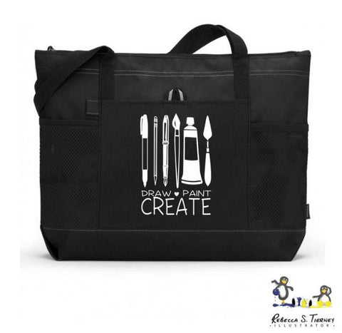 photo of Draw, Paint, Create Artist Tote Bag in black with simplified art tools and words in white