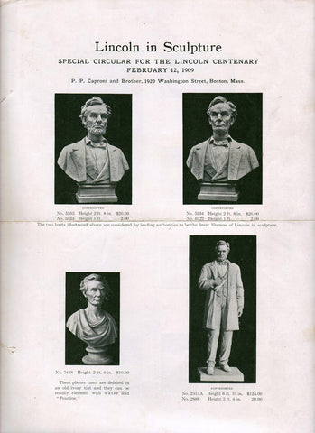 scan of black and white page of Caproni circular with four photos of Lincoln sculptures available