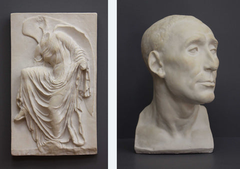 photos of plaster cast sculpture relief of robed figure, head now missing, reaching for her sandal and plaster cast sculpture bust of man in Sandstone Patina on a dark gray background