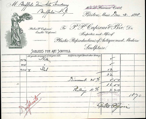 scan of old P.P. Caproni and Brother invoice from 1898