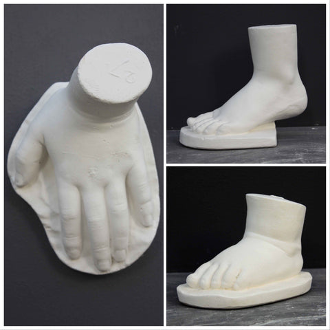 collage of three sculpture casts- one hand and two feet