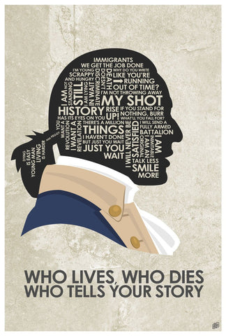 Tan poster with black silhouette of head with lyrics inside and bust finished with blue, tan, and white clothing, and lyrics at bottom of poster