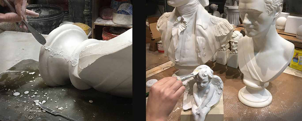 collage of two photos, one with plaster bust's seam being worked on with sculpting tool, and one with a table of an angel figure being painted and two busts behind it