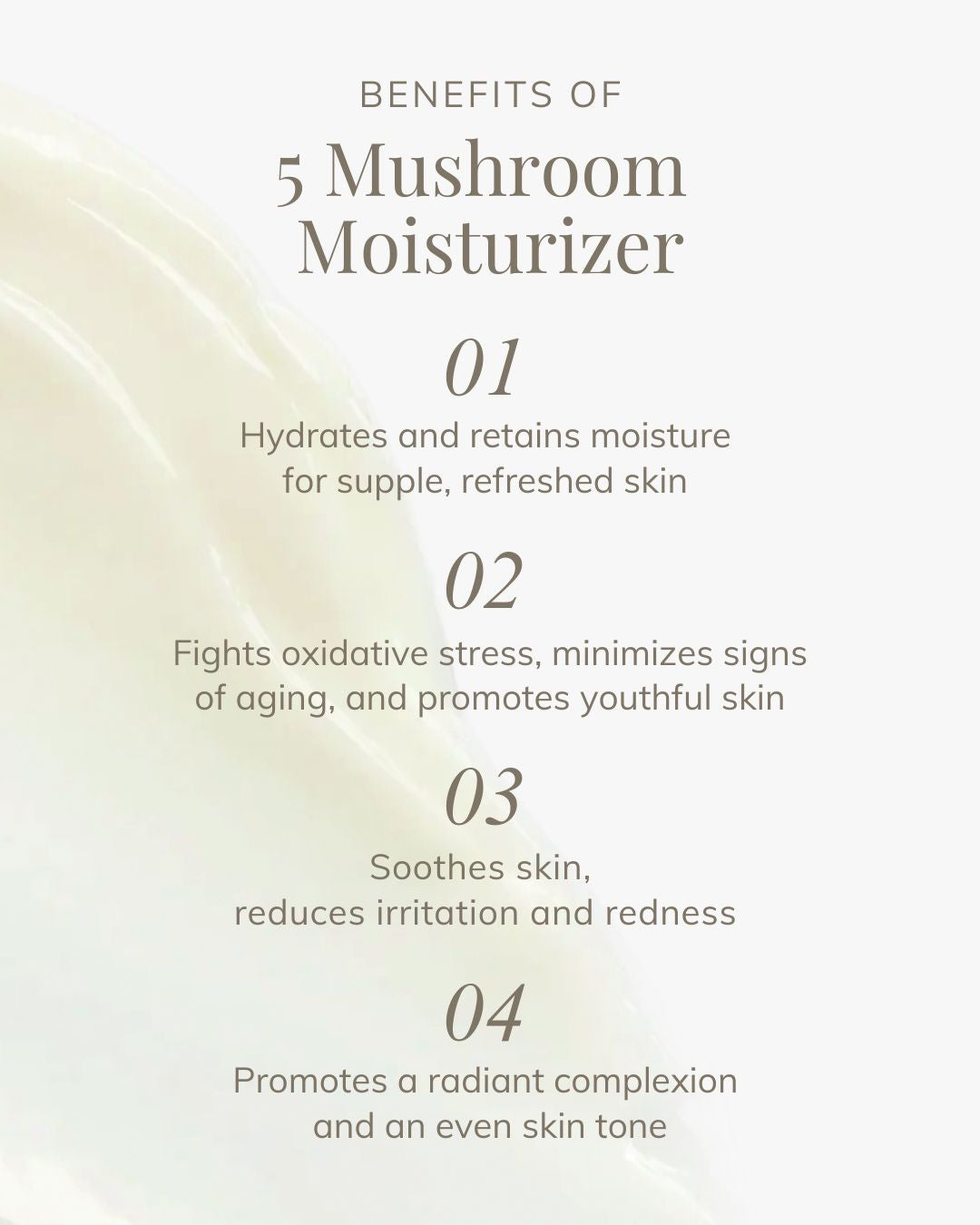 A visual of the 4 main benefits of Shikohin's 5 mushroom moisturizer for skincare.