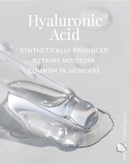 Graphic outlining characteristics of hyaluronic acid: 'Synthetically Produced', 'Retains Moisture', and 'Common in Skincare’