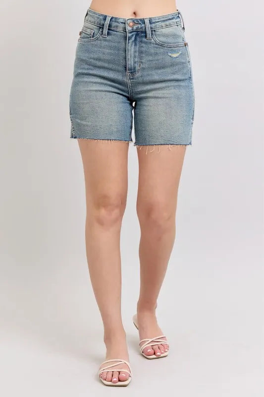 Judy Blue High Waist Vintage Wash Side Slit Denim Shorts Plus Size-online exclusive
