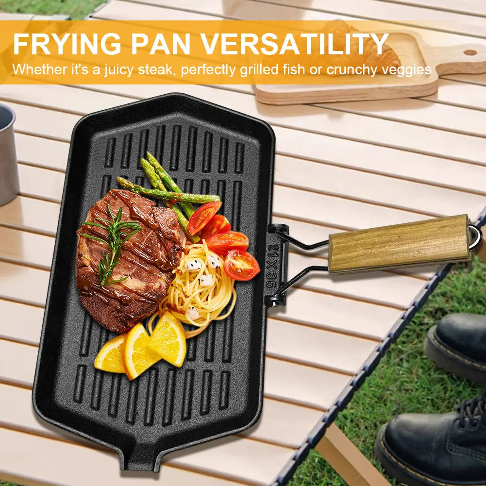 34X19cm Cast Iron Grill Pan Rectangular Frying Pan with Handle Skillet for Induction Cooker for Hiking Picnic Cooking