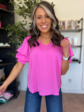 Pink Tiered Balloon Sleeve Blouse