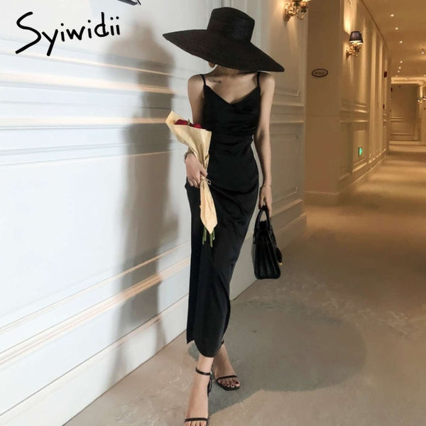 Syiwidii Women's Elegant Party Dress for New Year 2022 Evening Red Wedding Silk Midi Dress Spaghetti Strap Long Satin Dresses 1