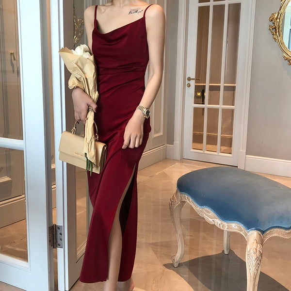 Syiwidii Women's Elegant Party Dress for New Year 2022 Evening Red Wedding Silk Midi Dress Spaghetti Strap Long Satin Dresses 6