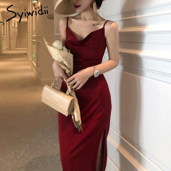 Syiwidii Women's Elegant Party Dress for New Year 2022 Evening Red Wedding Silk Midi Dress Spaghetti Strap Long Satin Dresses 0