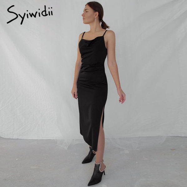 Syiwidii Women's Elegant Party Dress for New Year 2022 Evening Red Wedding Silk Midi Dress Spaghetti Strap Long Satin Dresses 3