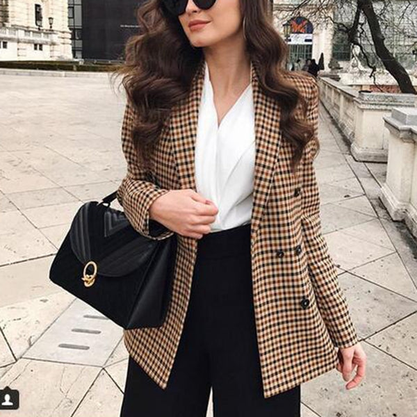 Fashion Autumn Women Plaid Blazers and Jackets Work Office Lady Suit Slim Double Breasted Business Female Blazer Coat Talever 0