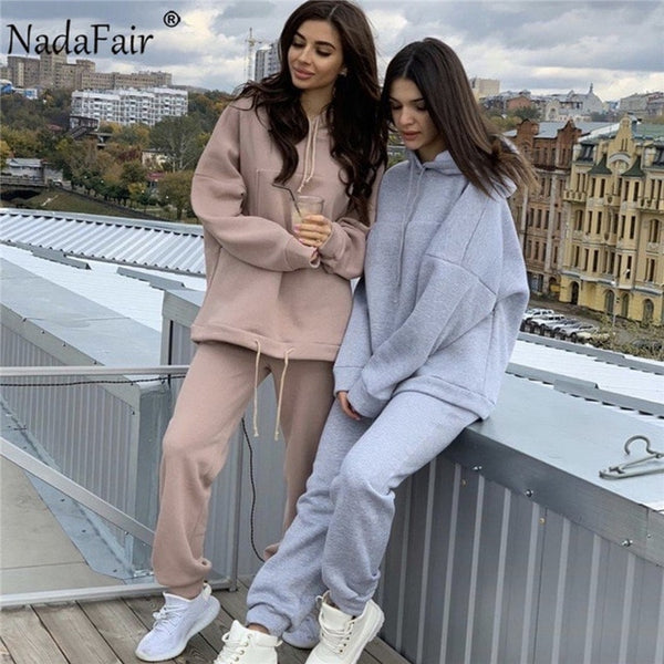 Nadafair Two Piece Set Outfits Autumn Womens Tracksuit Oversized Hoodie And Pants Casual Sport Suit Winter 2 Piece Woman Set 2