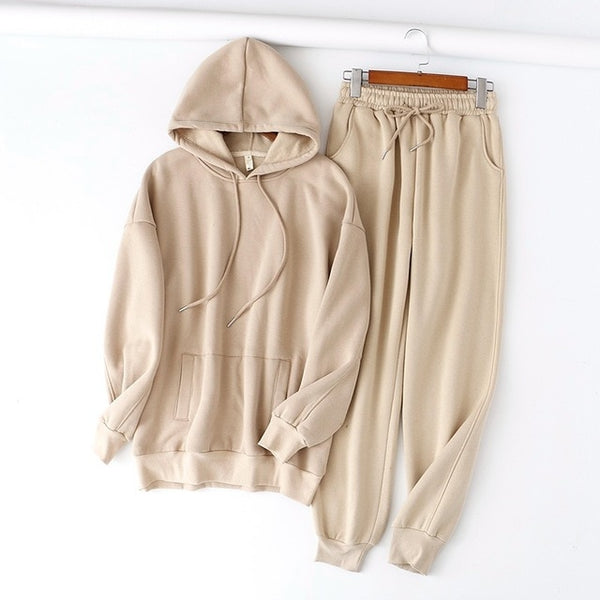 Tangada 2020 Autumn Winter Women thick fleece 100% cotton suit 2 pieces sets hoodies sweatshirt and pants suits 6L17 8