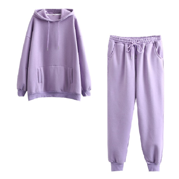 Tangada 2020 Autumn Winter Women thick fleece 100% cotton suit 2 pieces sets hoodies sweatshirt and pants suits 6L17 10