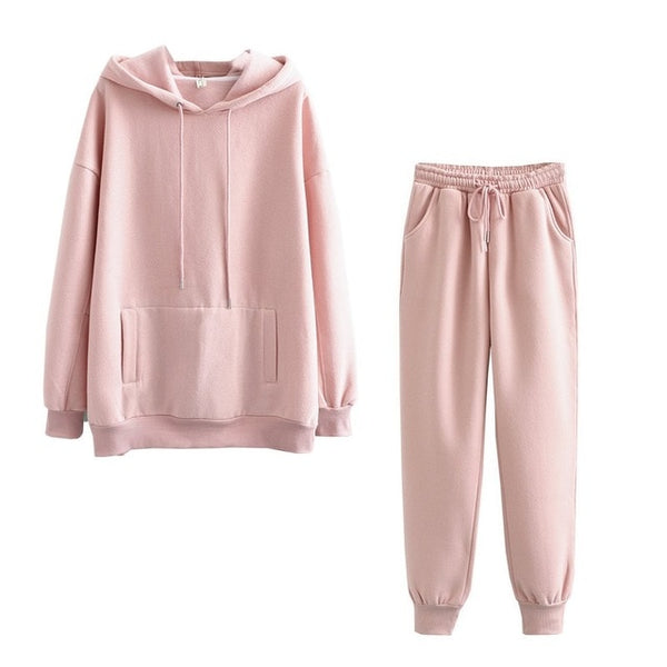 Tangada 2020 Autumn Winter Women thick fleece 100% cotton suit 2 pieces sets hoodies sweatshirt and pants suits 6L17 12